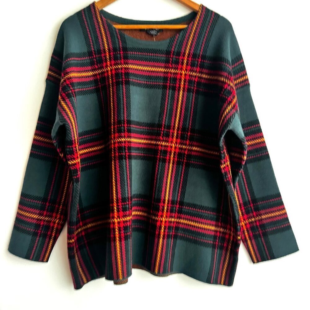 Tahari Plaid Green Multicolor Knit Top Sweater 2XL